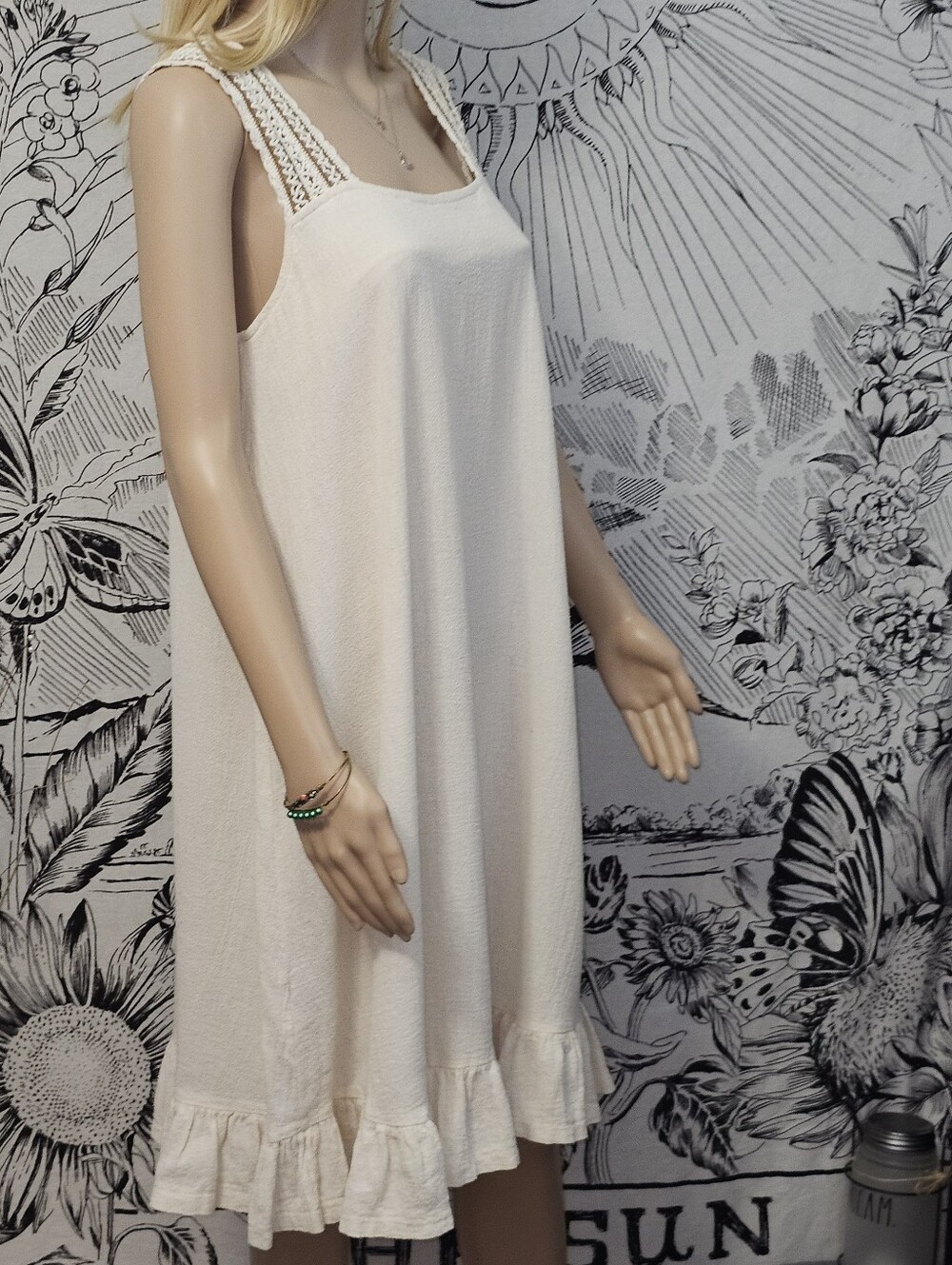 INES Medium Elena Cream Crochet Strap Ruffle Hem Night Dress